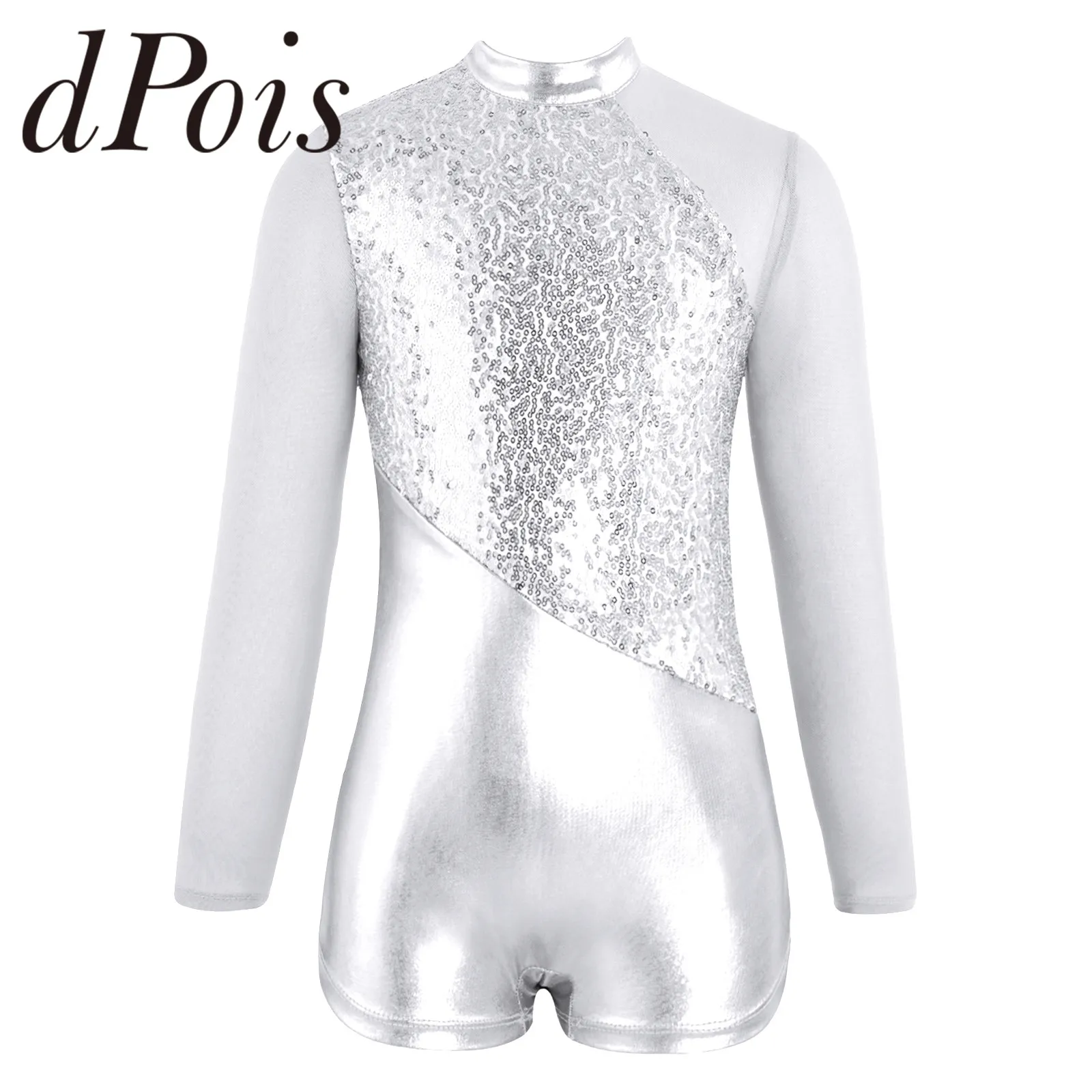 

Kids Girls Sparkling Sequins Mesh Splice Metallic Dance Unitatds Long Sleeve Gymnastics Leotard for Girl Children Ballet Leotard