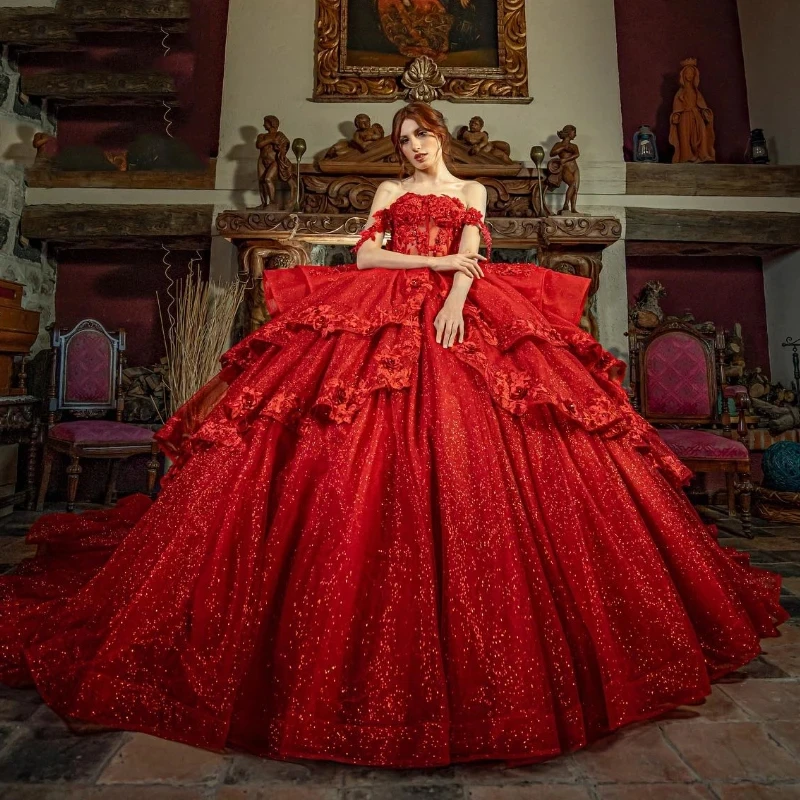 

Red Sequined Lace Quinceanera Dresses Dark Red Off Shoulder Appliques Puffy Ruffles Cathedral Train Beads Prom vestido 15