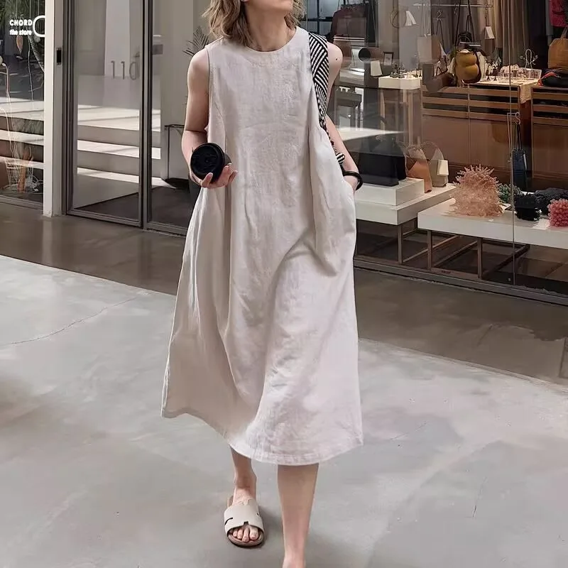 

Cotton Linen Sleeveless Dress With Pockets Women Round Neck Lazy Style Slim Long Dress Casual Home Outdoor Summer Vest Dress