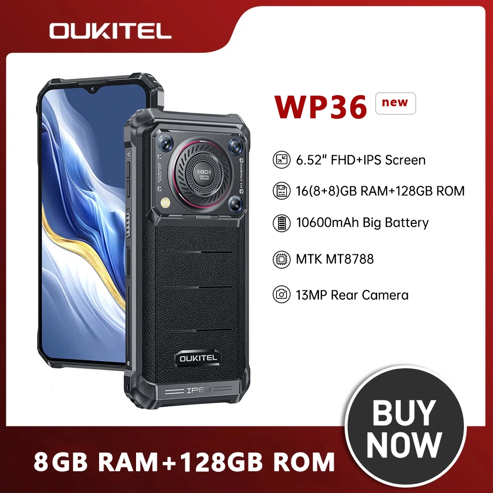 Oukitel WP36 Rugged Smartphone 10600mAh 6.52" HD+ Octa Core 8GB 128GB Mobile Phone Android 13 13MP Camera 15W Fast Charge NFC