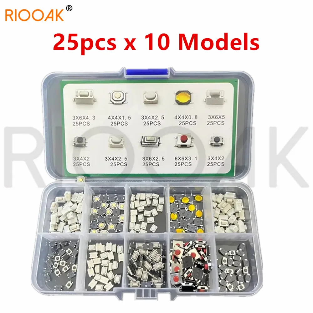 250pcs 10 Types Durable Car Remote Control Tablet Actile Push Button Switch Car Keys Button Touch Microswitch with Box