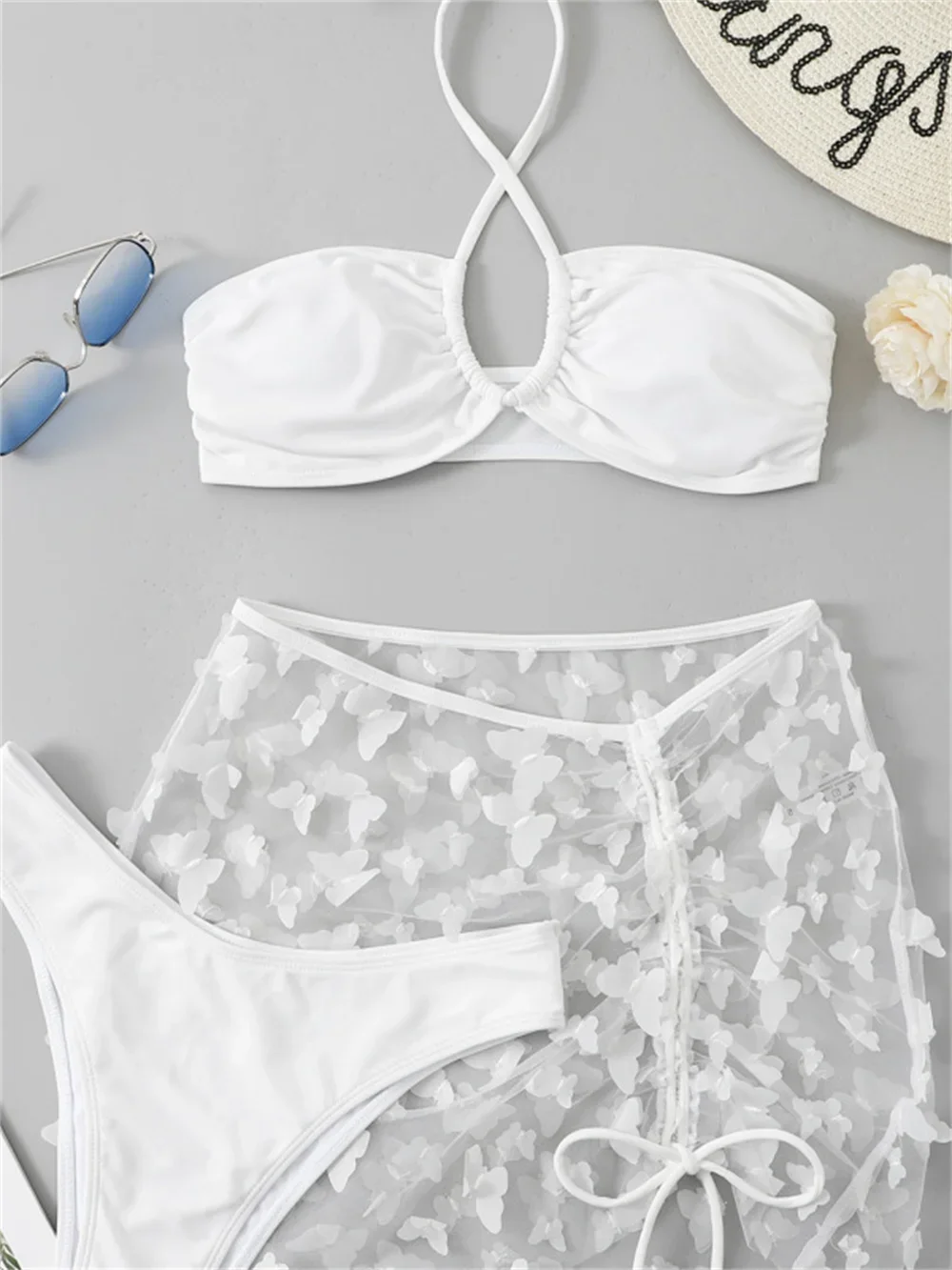 3D Butterfly White Bikini Skirt Cover-ups Micro String Swimsuit Swimwear Women 3 Piece Beach Outfits Bathing Suit Sexys Set Mayo