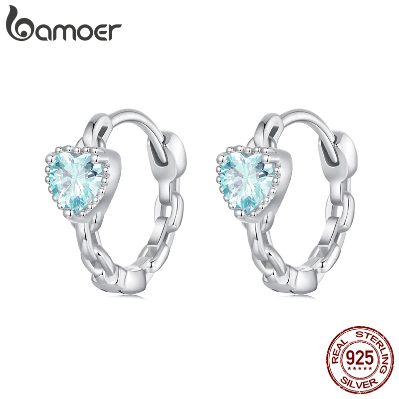 BAMOER 925 Sterling Silver Inlaid Blue CZ Geometric Heart Stud Earrings Light Luxury Mature Glamour Women Jewelry Accessories