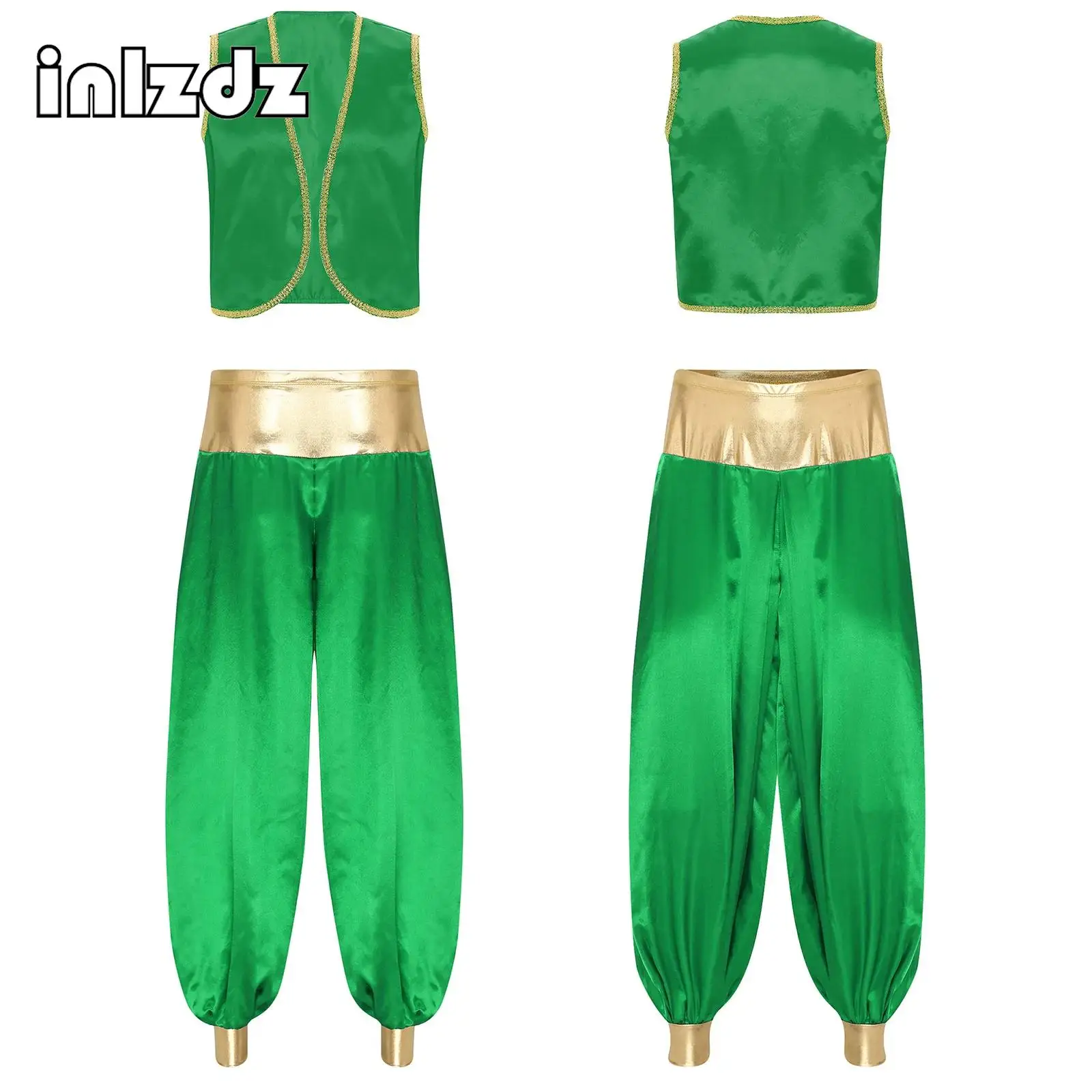

Men Indian Arabian Prince Cosplay Dress Up Stain Vest Lantern Pants Suit for Halloween Carnival Stage Performance Party Clubwear