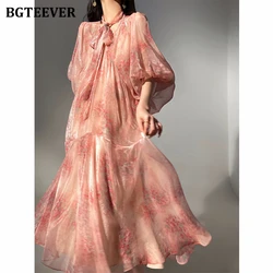 BGTEEVER Elegant V-neck Loose Women Floral Dress Summer Puff Sleeve Female A-line Dress Summer Ladies Vestidos