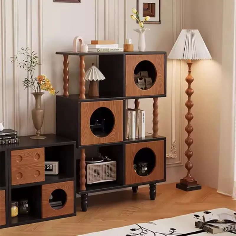 

Square grid shape corner narrow height sideboard, modern cupboard sideboard black brown wooden sideboard