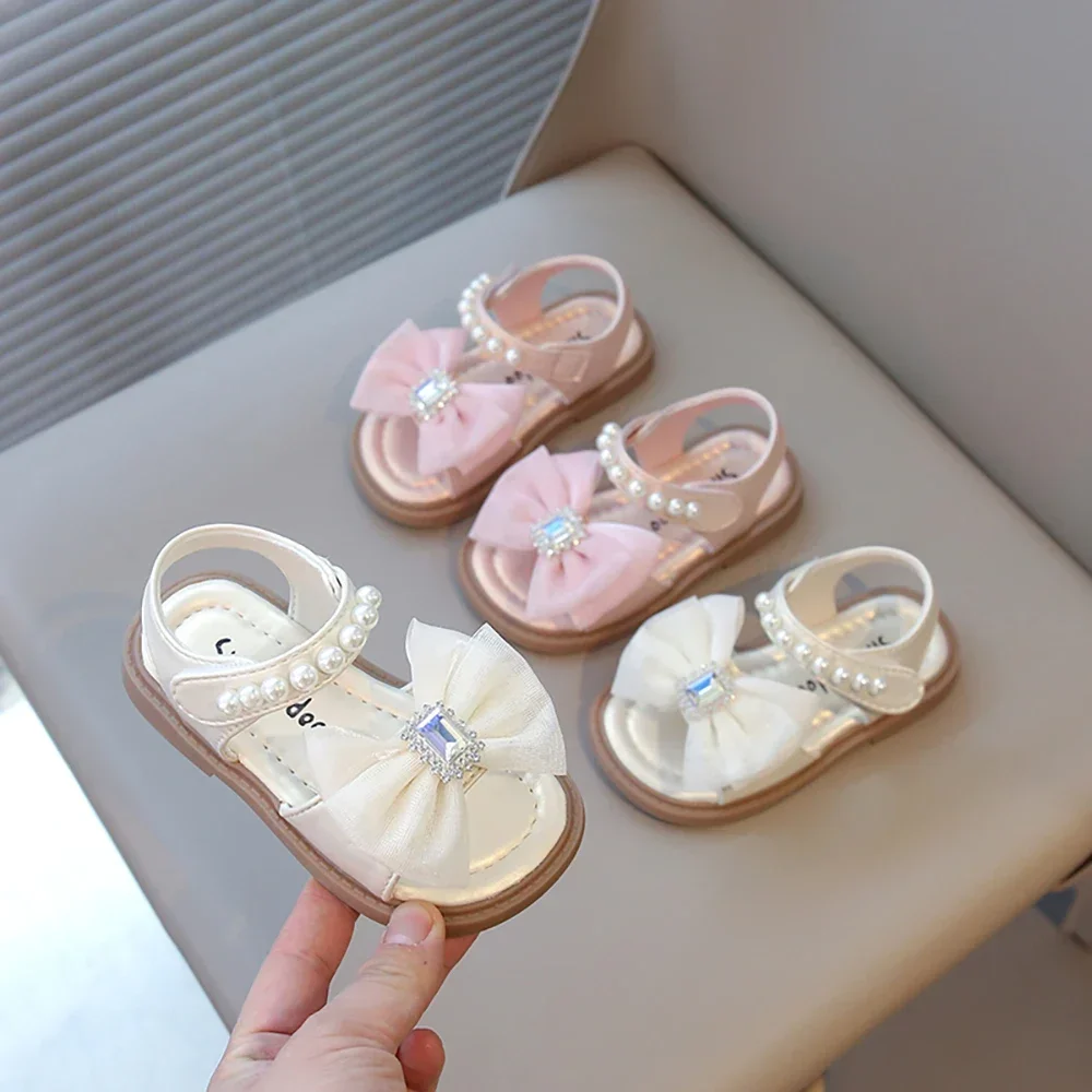 

Children Summer Cartoon Sandals Girls Non-slip Diamond Princess Pearl Sandals Fashion Children Trendy Velcro Flat Shoes Bow Bear