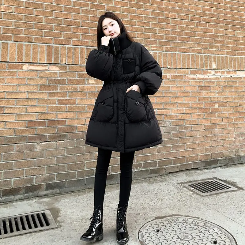 Knitted high neck duck down jacket winter new design sense casual and waist cinching fashionable warm mid length down jacket