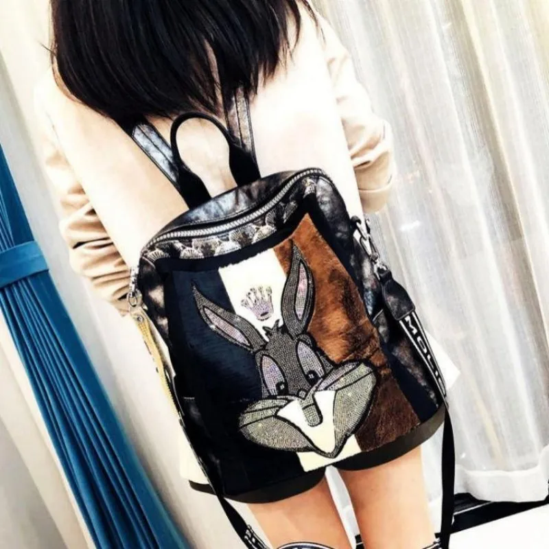 #8305-2 # New Women's Backpack Large Capacity Versatile Cartoon Rabbit Backpack Genuine Leather Western Style Shoulder Bag