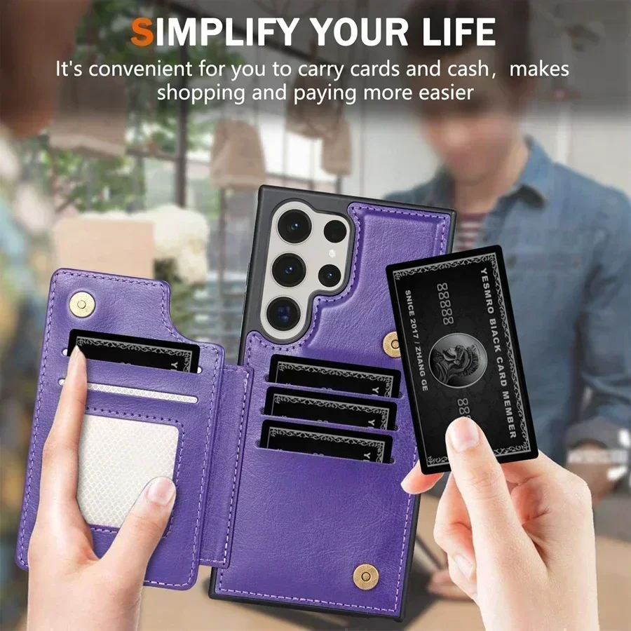 Wallet Solid Color Magnetic Double Buckle RFID Blocking Card Leather Case For Samsung Galaxy S24 Ultra S23 FE S22 Plus S21 S20