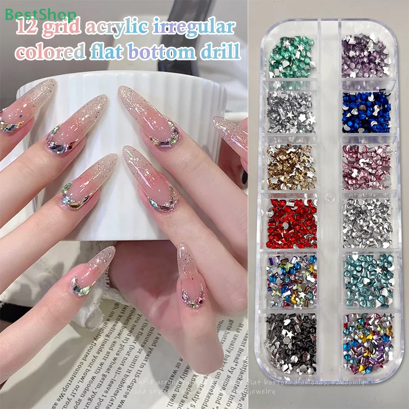 💕 12-farbige unregelmäßig geformte Strass-Nagelkunst-Dekoration, 3D-Mix, Champagner-weiße Acryl-Strasssteine mit flacher Rückseite, DIY kleiner Zugriffs
