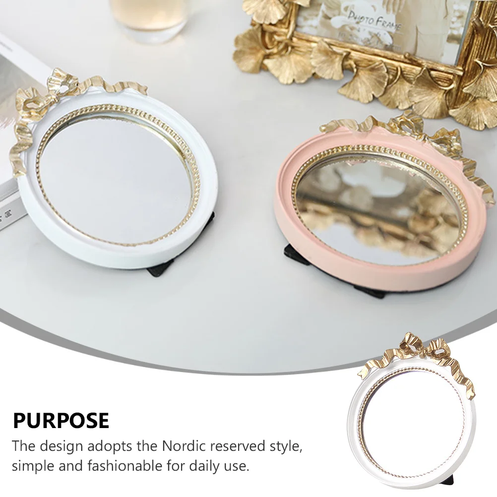 1 szt. Okrągłe Przenośne Lustro do Makijażu z Kokardką Wytrzymała Żywica Małe Ręczne Lustro do Makijażu Damskie Narzędzie w Stylu Nordyckim Narzędzie do Makijażu dla Kobiet