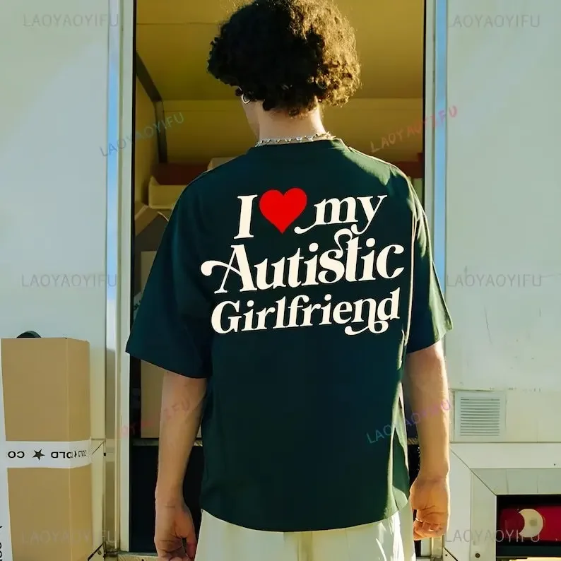I Love My Autistic Girlfriend I Heart My Girlfriend Printed T-shirt I Heart My Boyfriend Funny Love Valentine Cotton Shirt Gift image 2