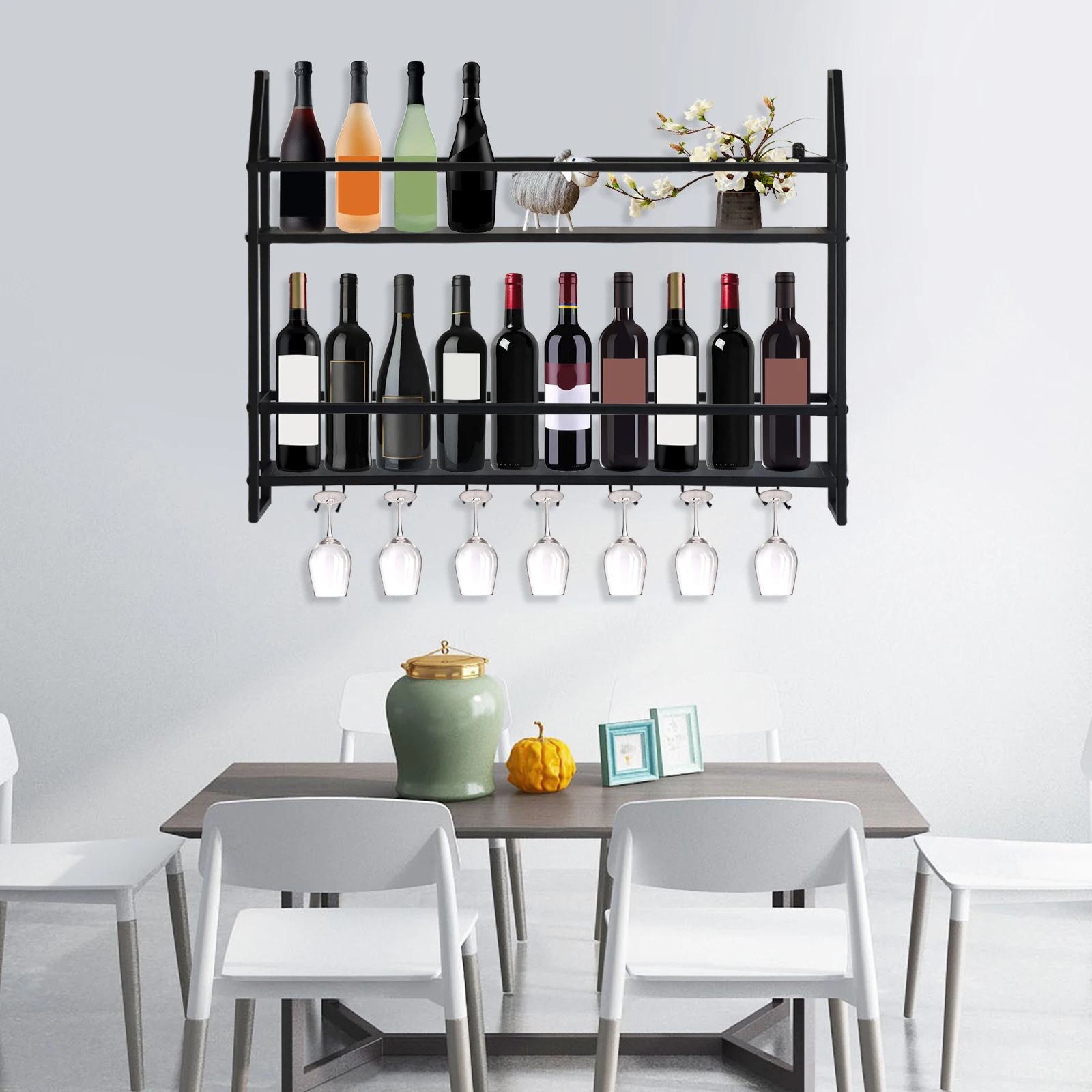 Wall Mounted Wine Glass Storage Rack Black Wine Rack Bottle Holder Bar Wine Shelf