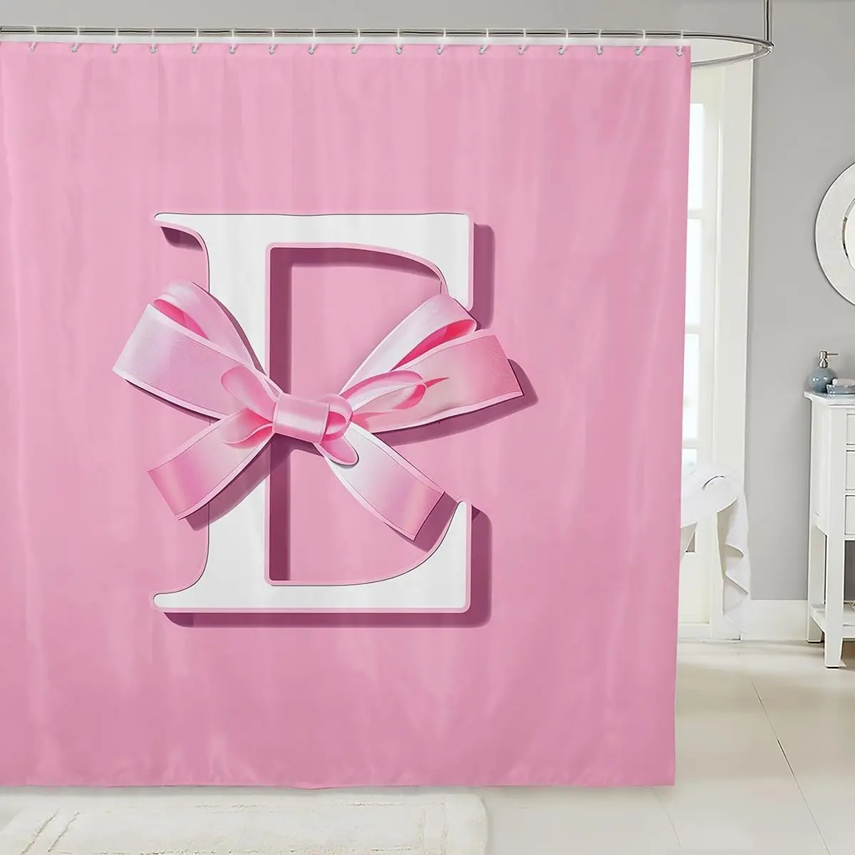 

Розовая занавеска для душа с монограммой и бантом в виде буквы D, персонализированный декор для ванной комнаты, идея подарка, уникальные аксессуары для детской ванной.