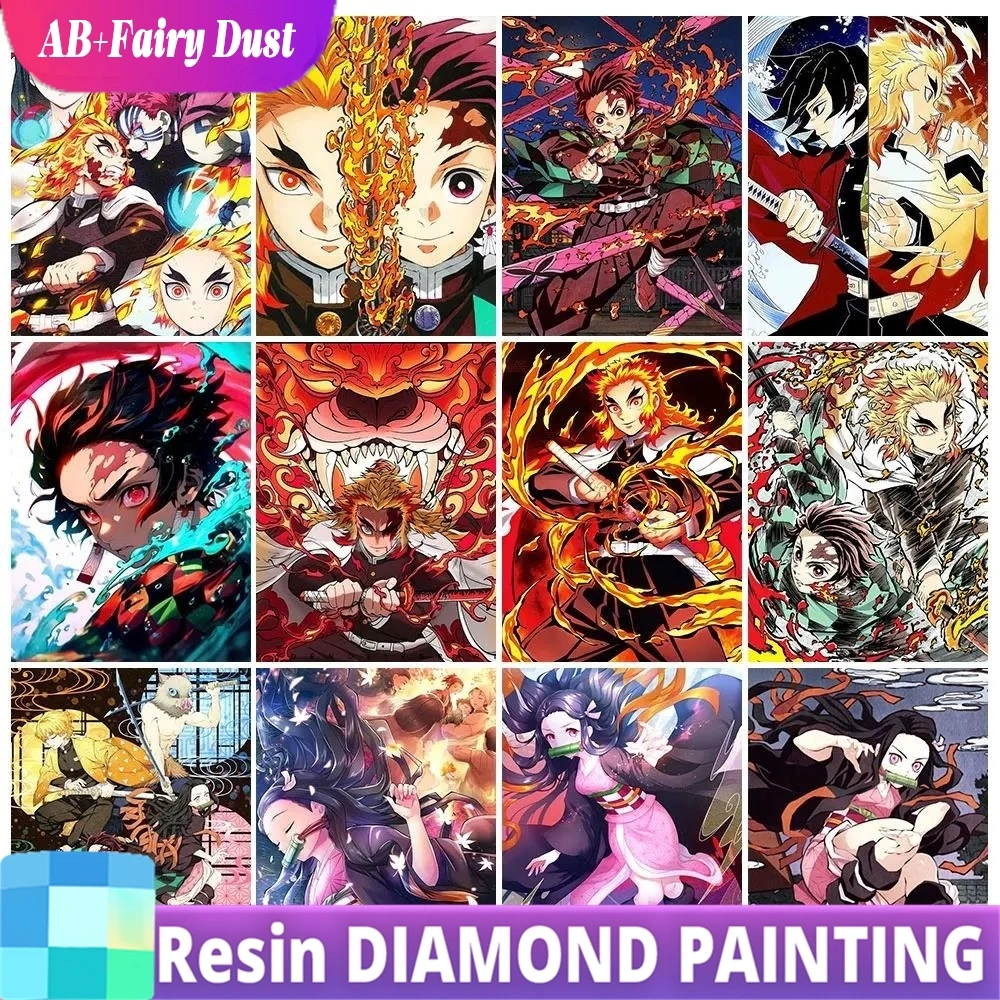 Resina fada poeira ab 5d pintura diamante anime demon slayer bordado completo personagem mosaico imagem diy arte decoração para casa