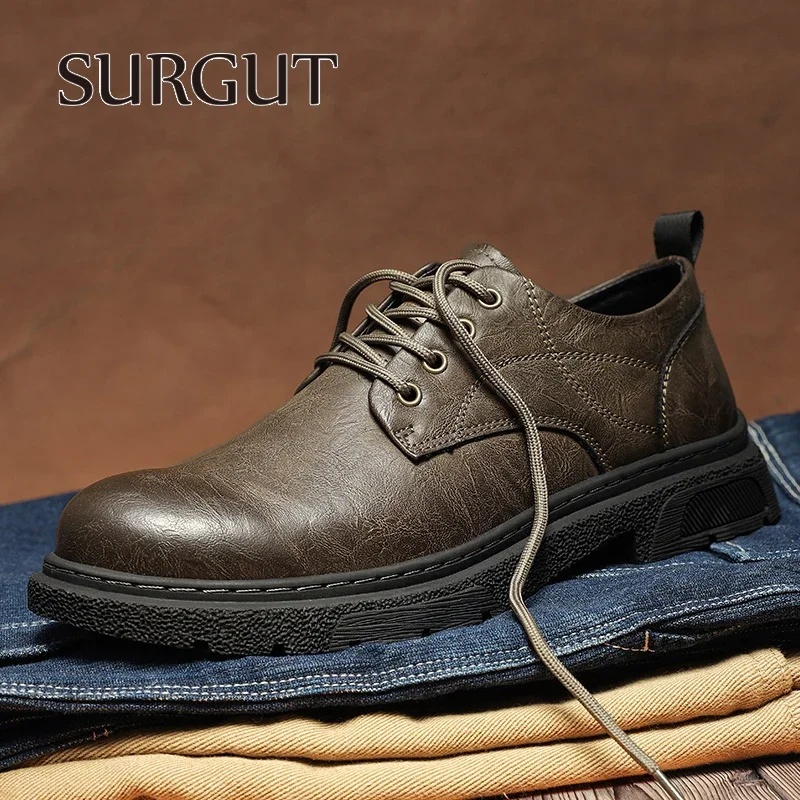 SURGUT Men Leather Casual Shoes Spring Vintage Classic Shoes For Men Comfort Handmade High Quality Working Men Shoes Big Size 46