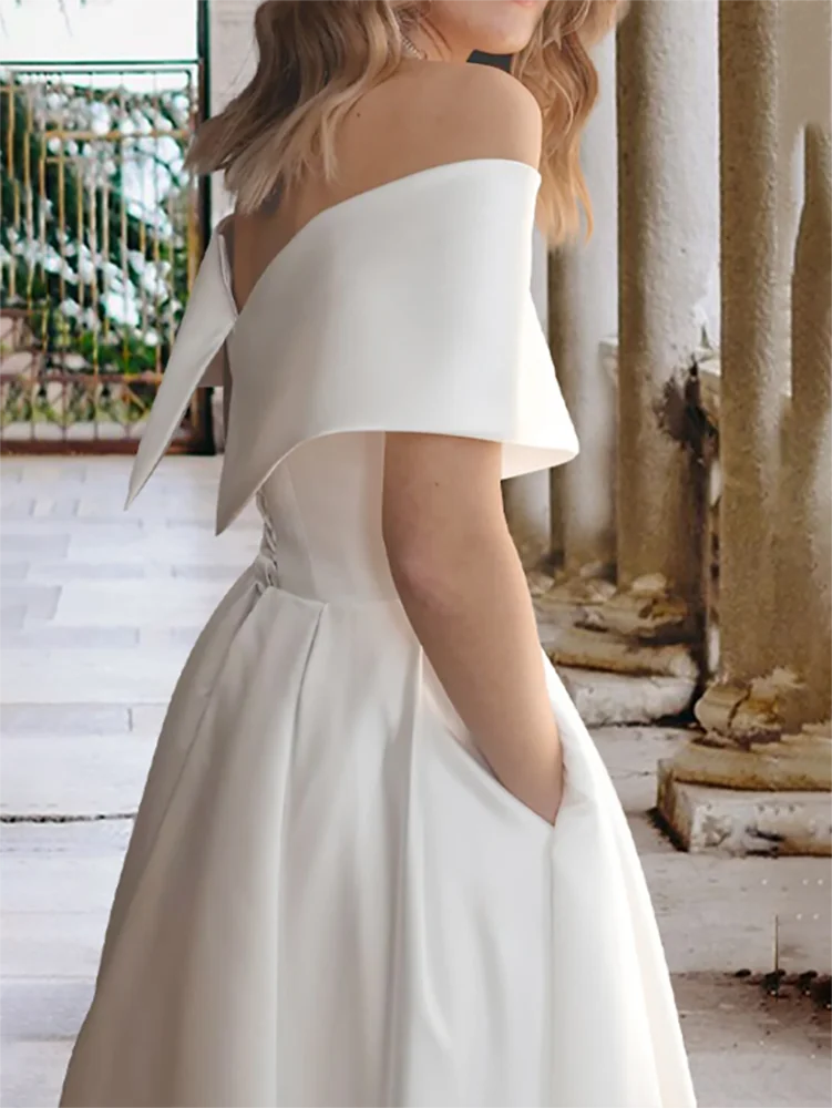 Customized Sexy Back Bride Gown Satin Off the Shoulder Wedding Dress Pleat A-Line Mid-Calf Bridal Dresses with Pocket