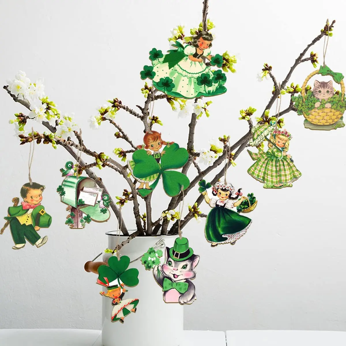 24Pcs St. Patricks Day Wooden Ornaments Cartoon Cat Shamrocks Pendant Irish Holiday Decor Kids Gift Home Party Supplies