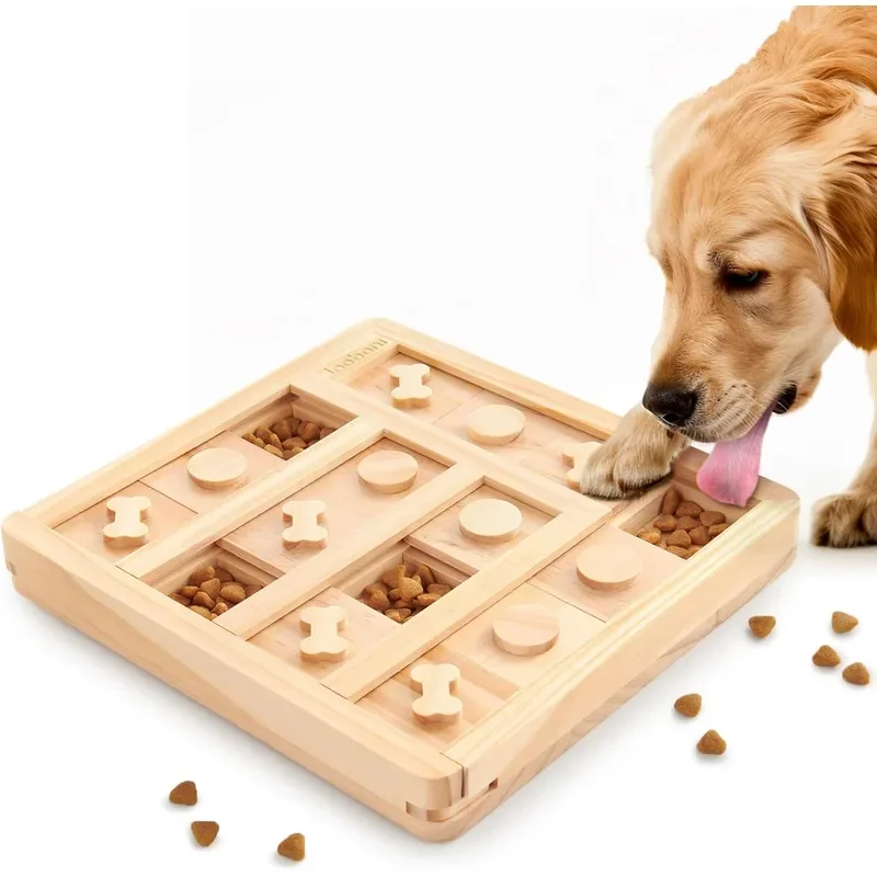 Small and Large Dogs IQ Training Interactive Puzzle Toys Wooden Bone Pattern Food Bowl Slow Feeder for Canine Training