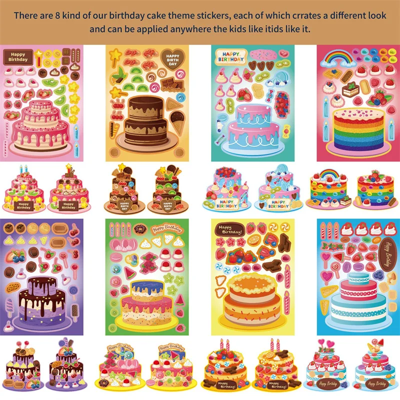 Make Your Own Birthday Cake Kids DIY Stickers Puzzle Crafts Assemble Decorate Cake Stickers Sheet Children Boys Girls Party Toys