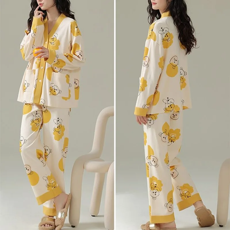 Conjunto de pijama feminino de manga comprida, puro algodão, elegante roupa de dormir larga para estudantes, terno de serviço doméstico, novo para primavera e outono