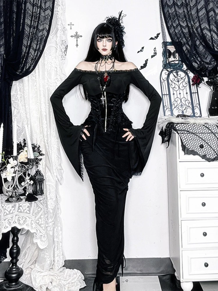 AltGoth Aesthetic Gothic Dark Dress Women Vintage Fairycore Grunge Sexy Off-the-shoulder Flare Sleeve High Waist Dress Partywear