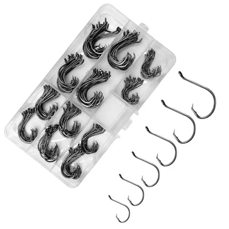 R6FE 160pcs خطاف صيد مستدير مع مجموعة مربع بلاستيكية ، فولاذ كربون عالي مع خطاف صيد البحر للملح/صيد المياه العذبة