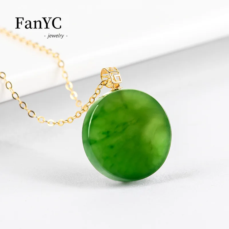 Natural Hotan Jade Spinach Green Round Plaque Amulet Pendant 18K Gold Exquisite Fashion Jasper Necklace Ladies Gift