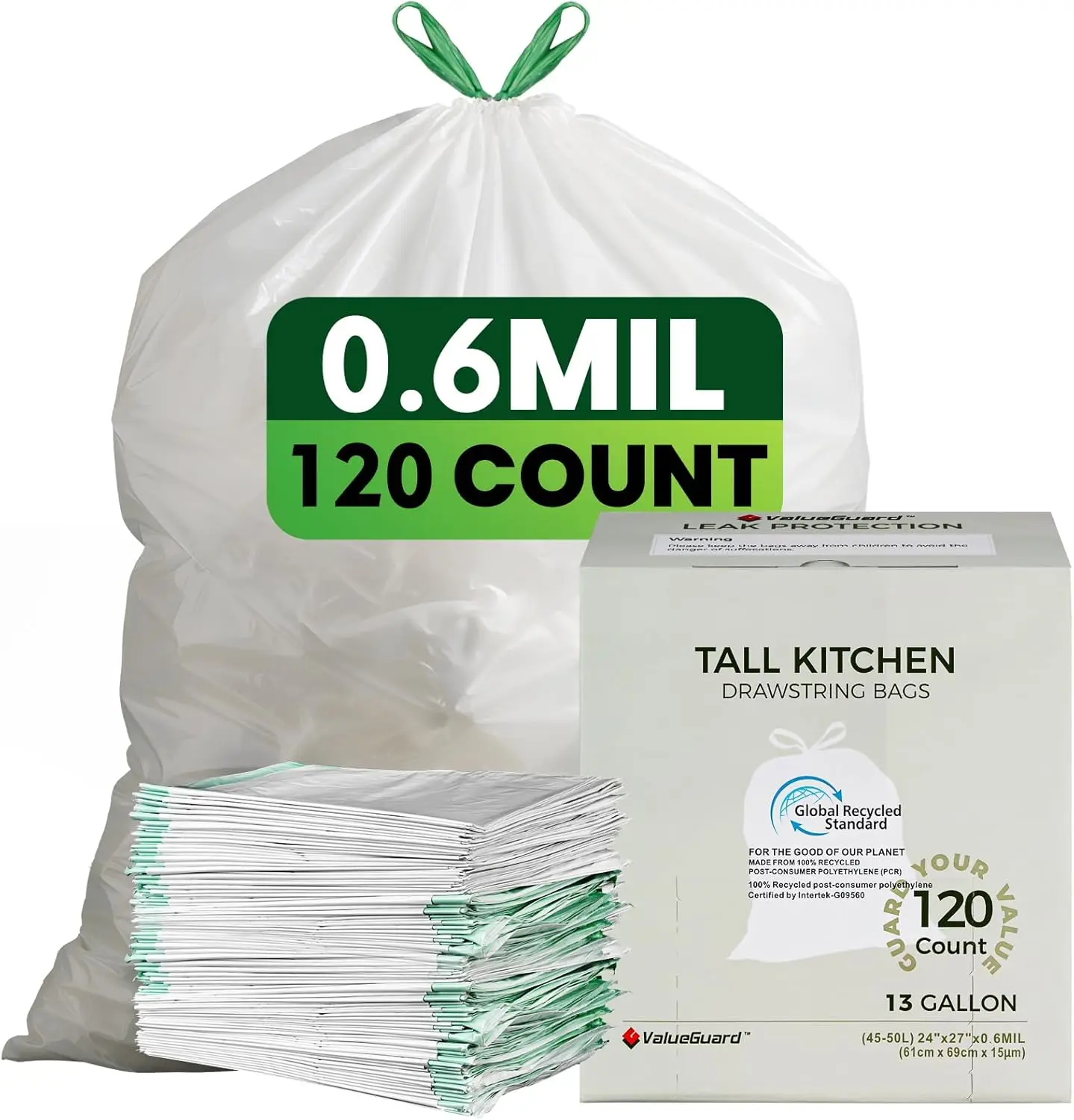 

13 Gallon Tall Drawstring Trash Bags, Recycled Eco-Friendly Garbage Bags for Kitchen Office