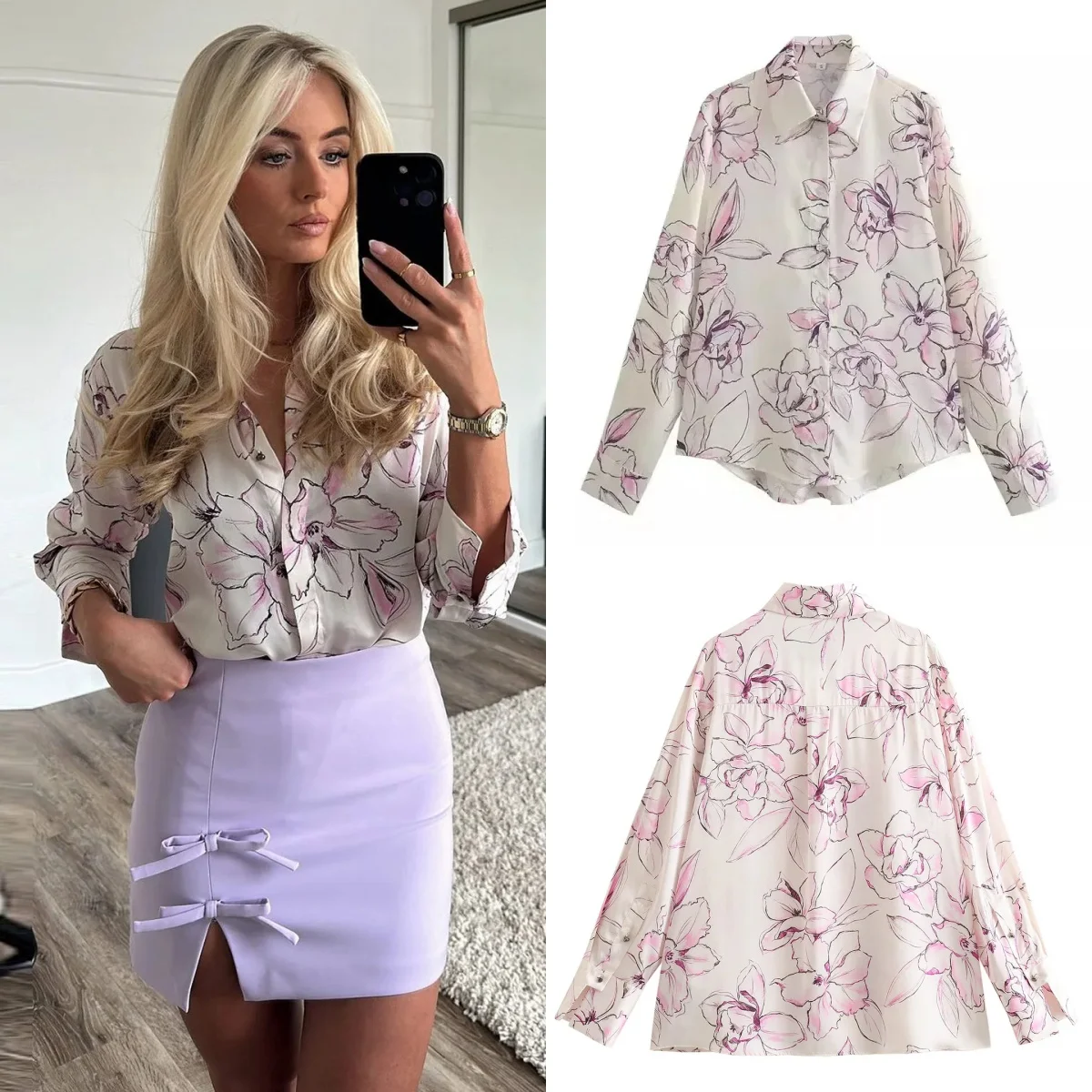 

2024 Spring 2 Color Elegant Printed Loose Women Y2K High Low Hem Blouse Long Sleeve Casual Shirts Female Long Tops
