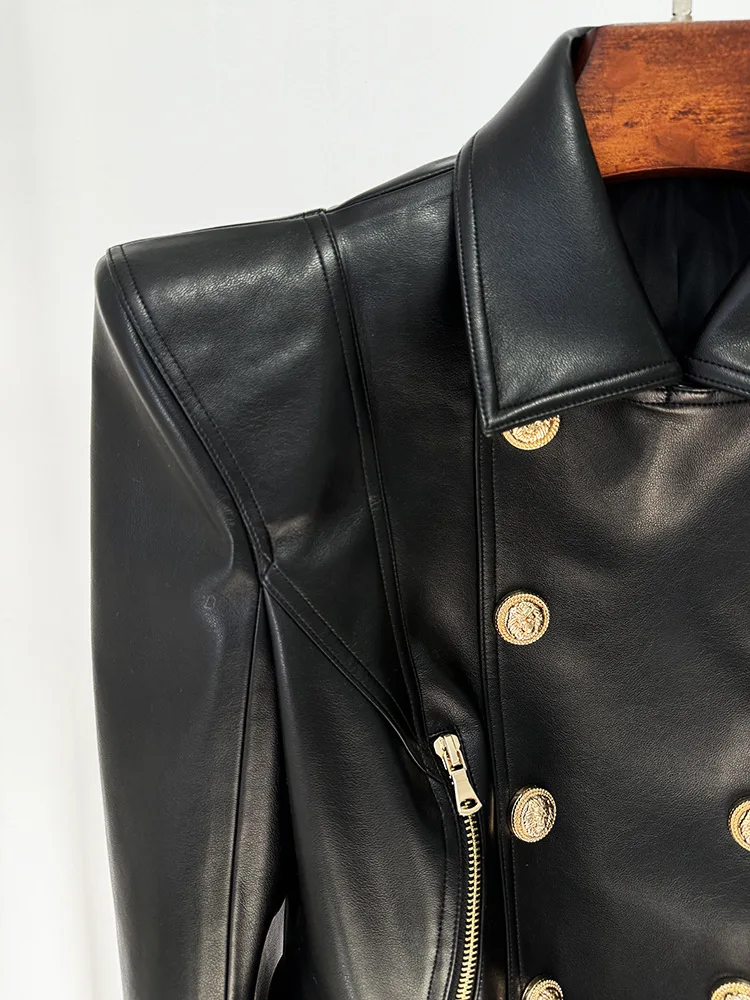 High quality designer fashion shrugged double breasted zipper short women's motorcycle socialite leather jacket