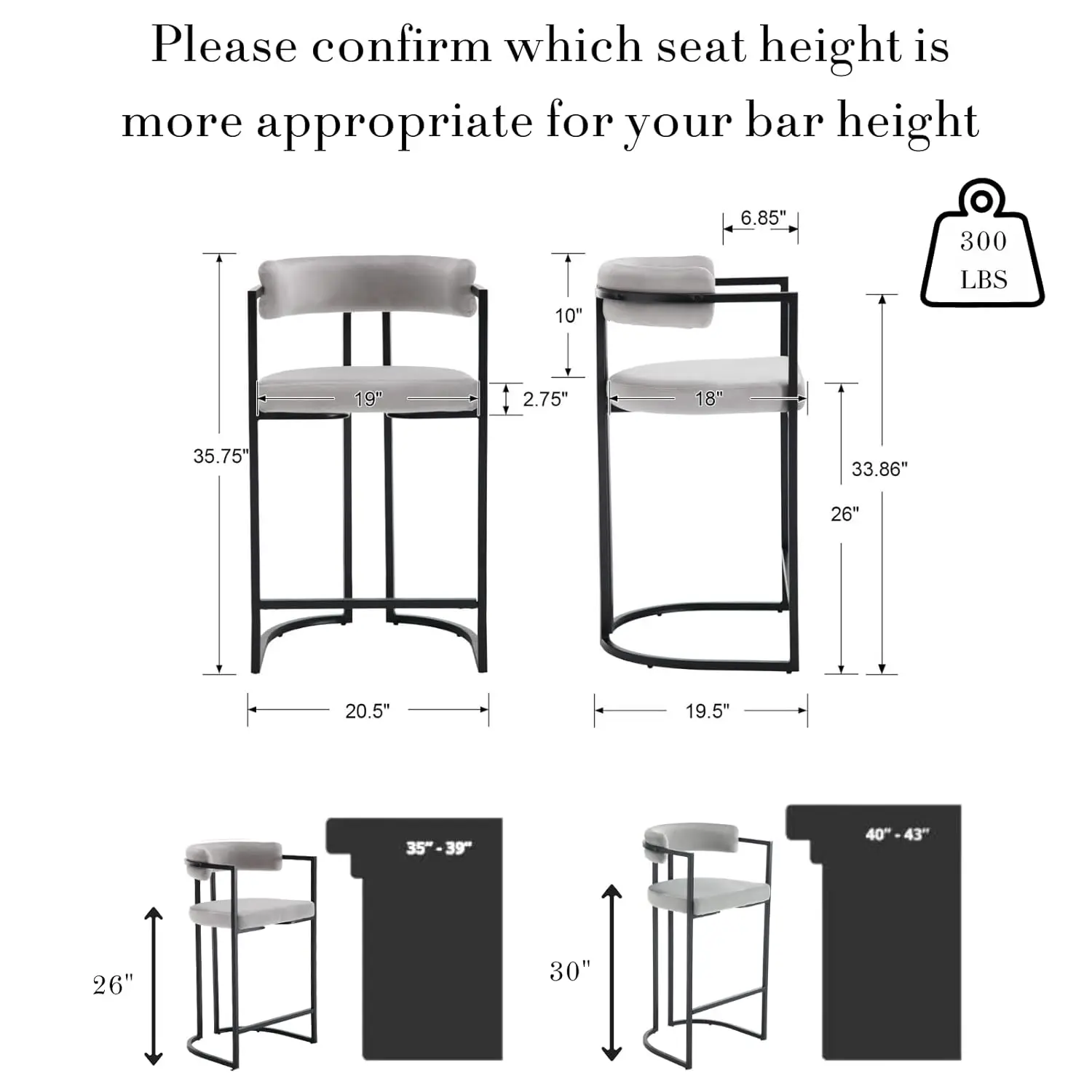26" Velvet Counter Stools With Back & Metal Legs For Kitchen Island, Set Of 2, Grey, Customized