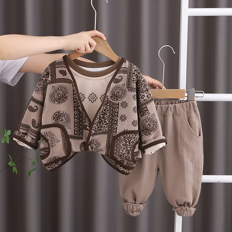 Ins Autumn 2024 Children Boys 3PCS Clothes Set Cotton Shirts Printed Spliced Coat Solid Pants Suit Toddler Boys Outfits