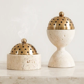 Travertine Mabkhara Burner Luxury Oud Mubkhar Censer Natural Marble Incense Bakhoor Burner with Brass Cover