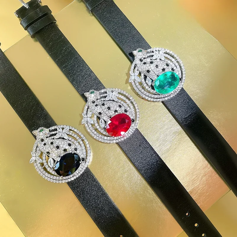 

Desire 2023 New Artificial Colorful Treasure Leopard Black Leather Wrist Band for Women 925 Silver Bracelet