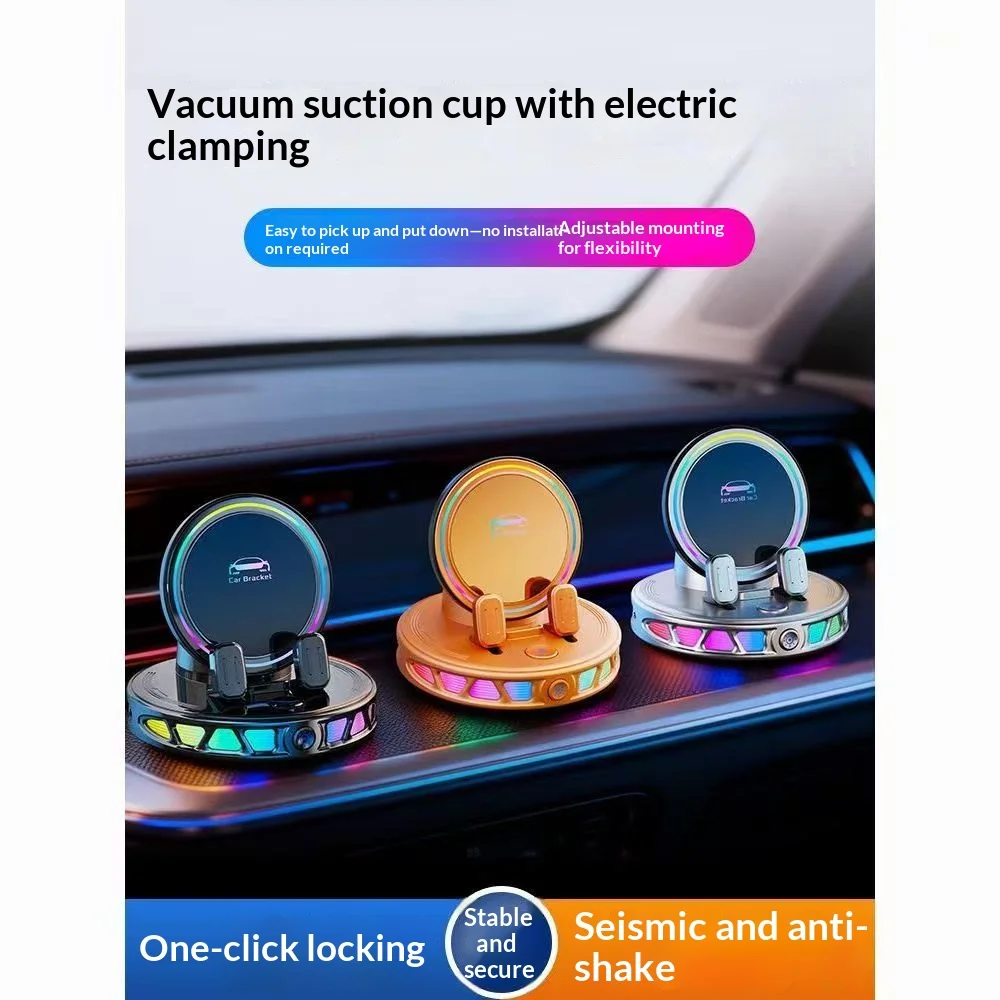 Electric Clamp Car Phone Bracket Vacuum Adsorption RGB Rainbow Light 360 Rotatable Stable Anti-drop Mount