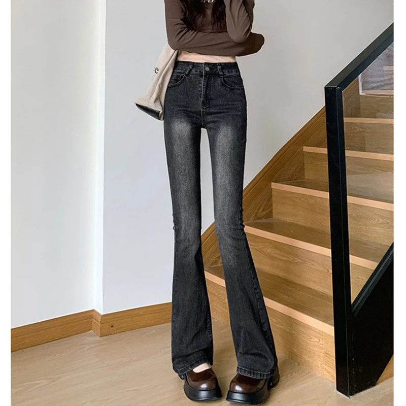 Pantalones vaqueros acampanados negros y grises para mujer, pantalones vaqueros clásicos finos de cintura alta, moda coreana, pantalones de pierna recta