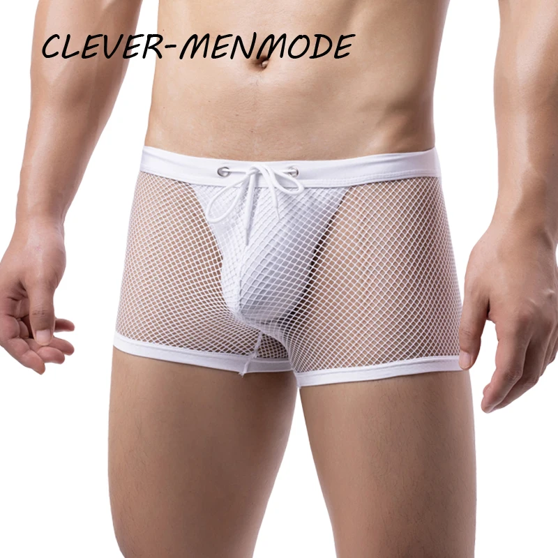 Men\'s Sexy Mesh See-Through Transparent Boxer Shorts Hip-Baring Thong G-String Large Pouches Jockstrap Penis Pouch Lingerie