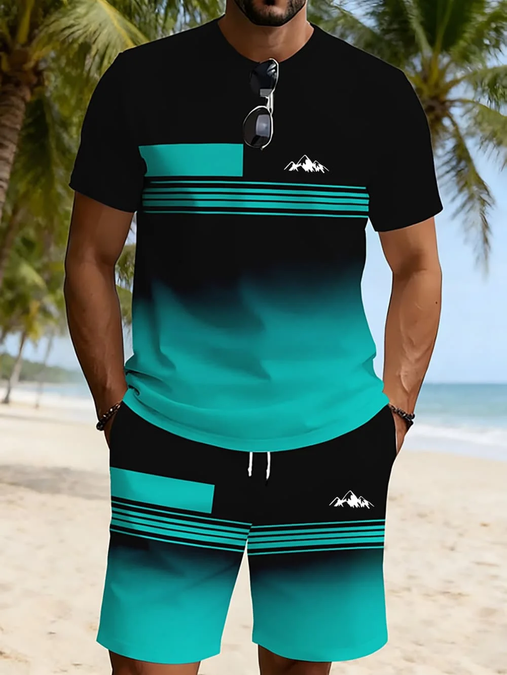 2026 Summer New Arrival Men's Casual Two-Piece Set Striped 3D Print Short-Sleeve Shirt and Athletic Shorts Set Men's Fitness Set view 2