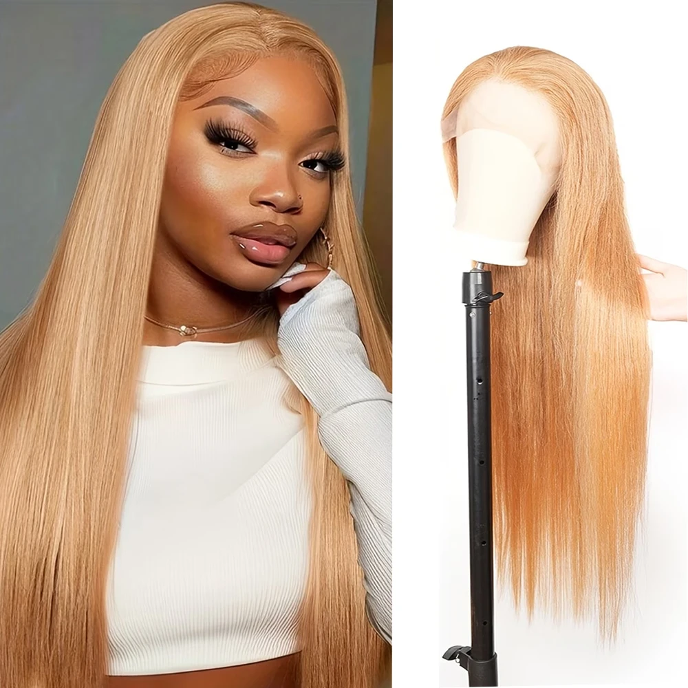 

Парик из натуральных волос с кружевной передней частью 13x6, 200% плотность, медово-блонд # Цветной прямой парик с HD-кружевом 13x4, предварительно проработанный, 27 цветов