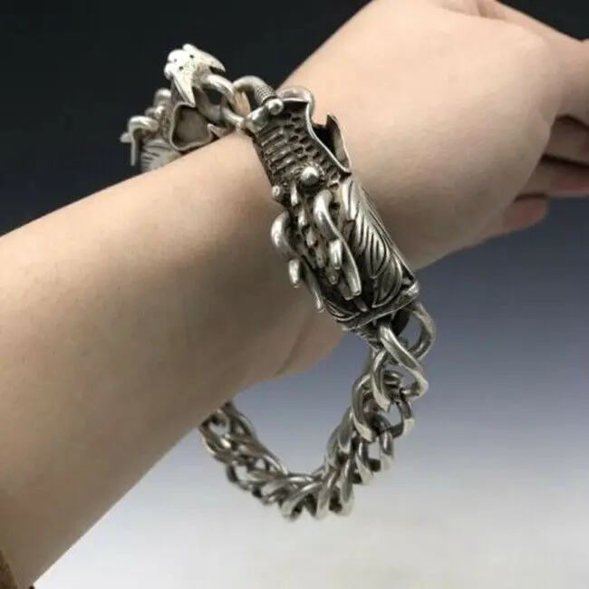 Collection old China Tibet silver exquisite double dragon head bracelet