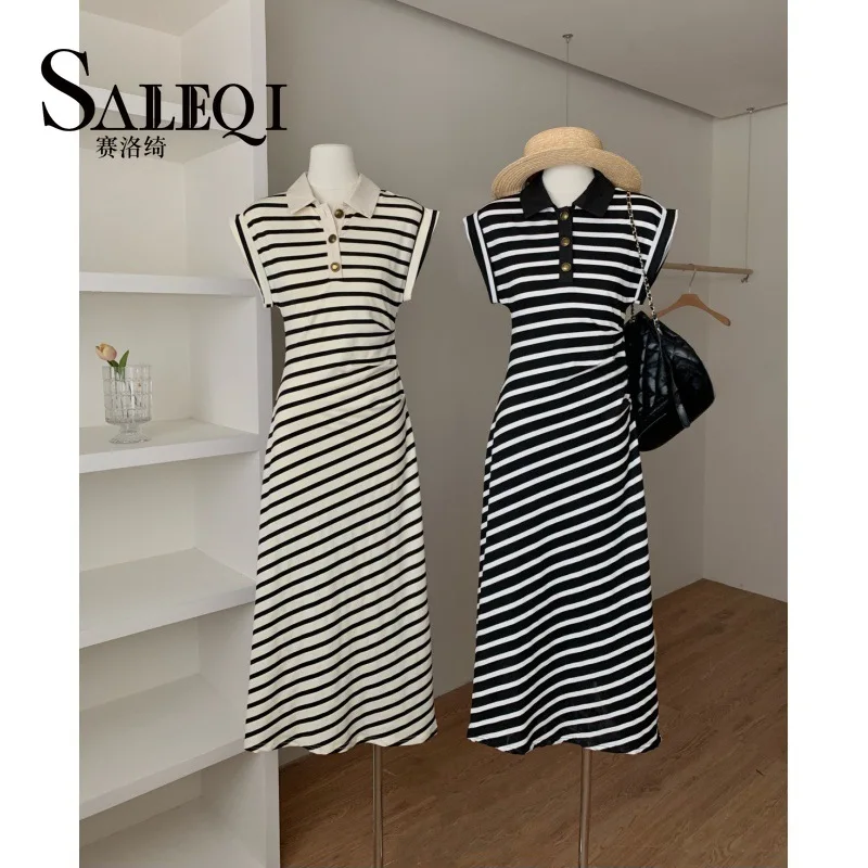 Japanese color collision striped undershirt dress summer polo collar pleated waist thin side slit straight long dress new