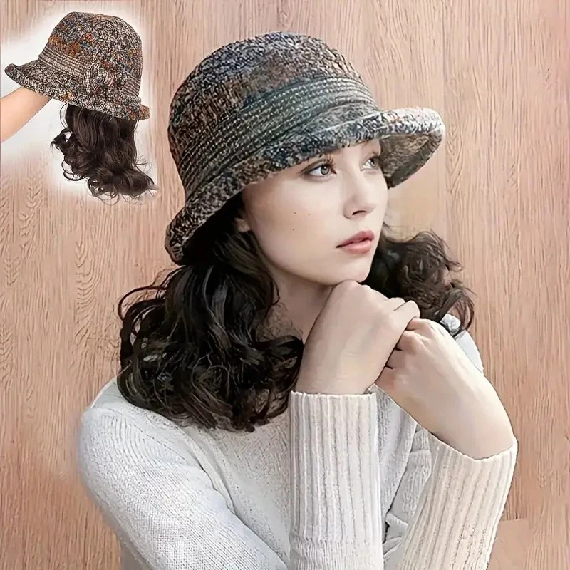 Autumn And Winter Fisherman Hat With Attached Shoulder Length Curly Hair Wig For Women Warm Fisherman Cap With Fashionable Wigs