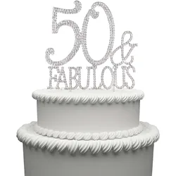 50 Cake Topper Premium Silver Metal 50 and Fabulous 50th Birthday Party Sparkly Rhinestone Decoration Makes a Great Centerpiece