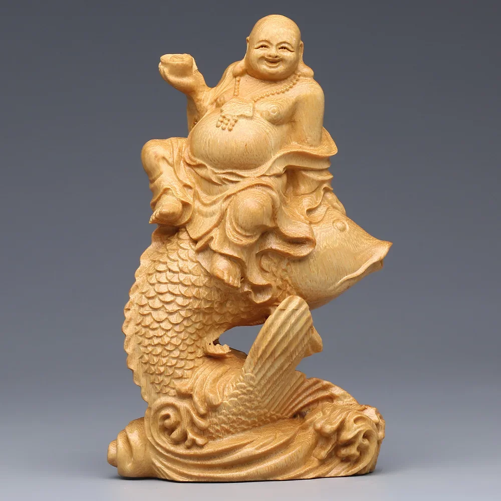 Wooden Carp Maitreya Buddha Decorative Statue ,Creative Solid Wood Art Hand Carving Home Room, Office Fortune Gathering Statue