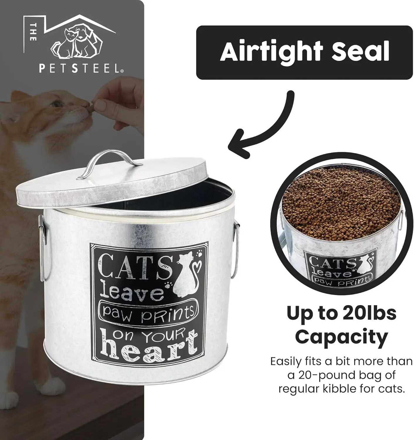 Stockage de nourriture pour chat argenté avec cuillère, récipient pour animaux de compagnie, nourriture pouvant tenir dans le garde-manger, 20lb