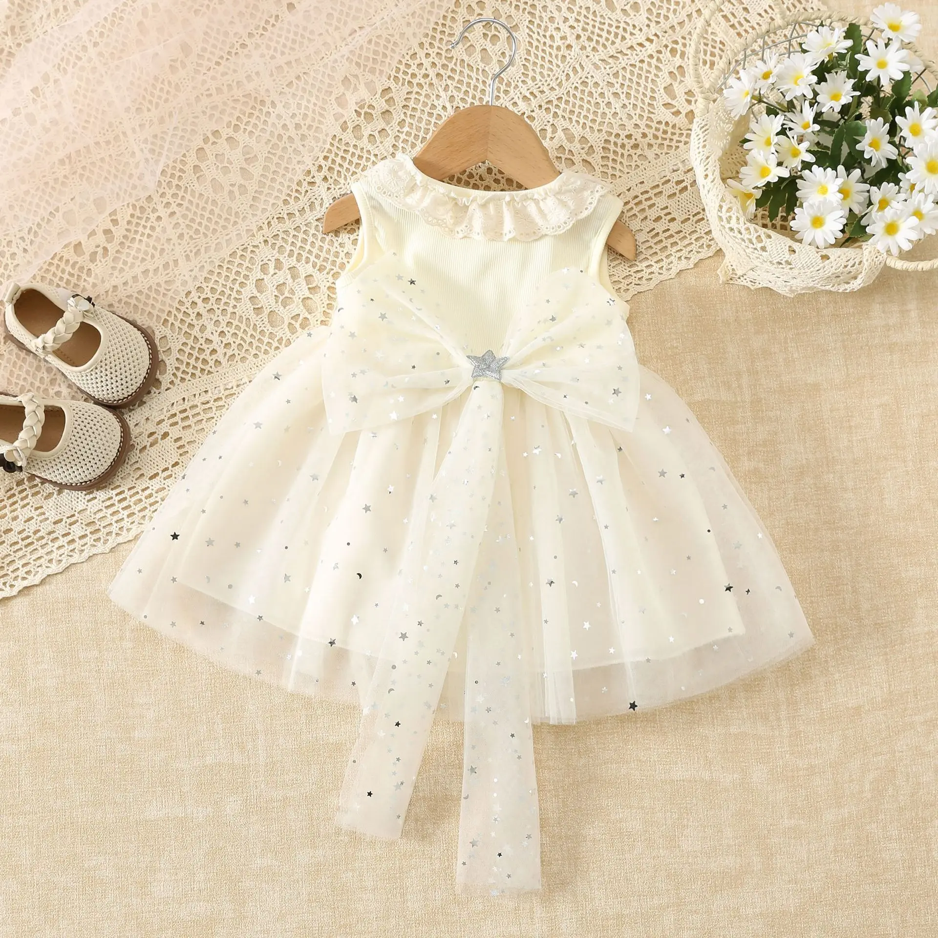 1-4 Year Old Baby Girl Birthday Party Costume Round Neck Lace Sleeveless Bow Mesh Sequin Dress Korean Version Summer