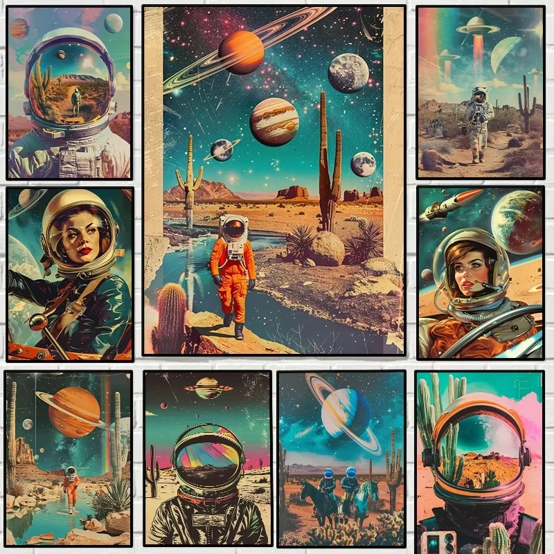 Póster Vintage de viaje espacial, astronauta, retrofuturismo, planetas polariod, OVNI, ciencia ficción, pintura en lienzo, arte de pared, decoración del hogar para sala de estar