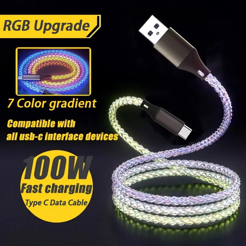 7A Fast Charging Data Cable RGB Light Cable 120W USB Type C For Iphone14 15 Xiaomi K50 Samsung Huawei OPPO Phone USB Charge Cord